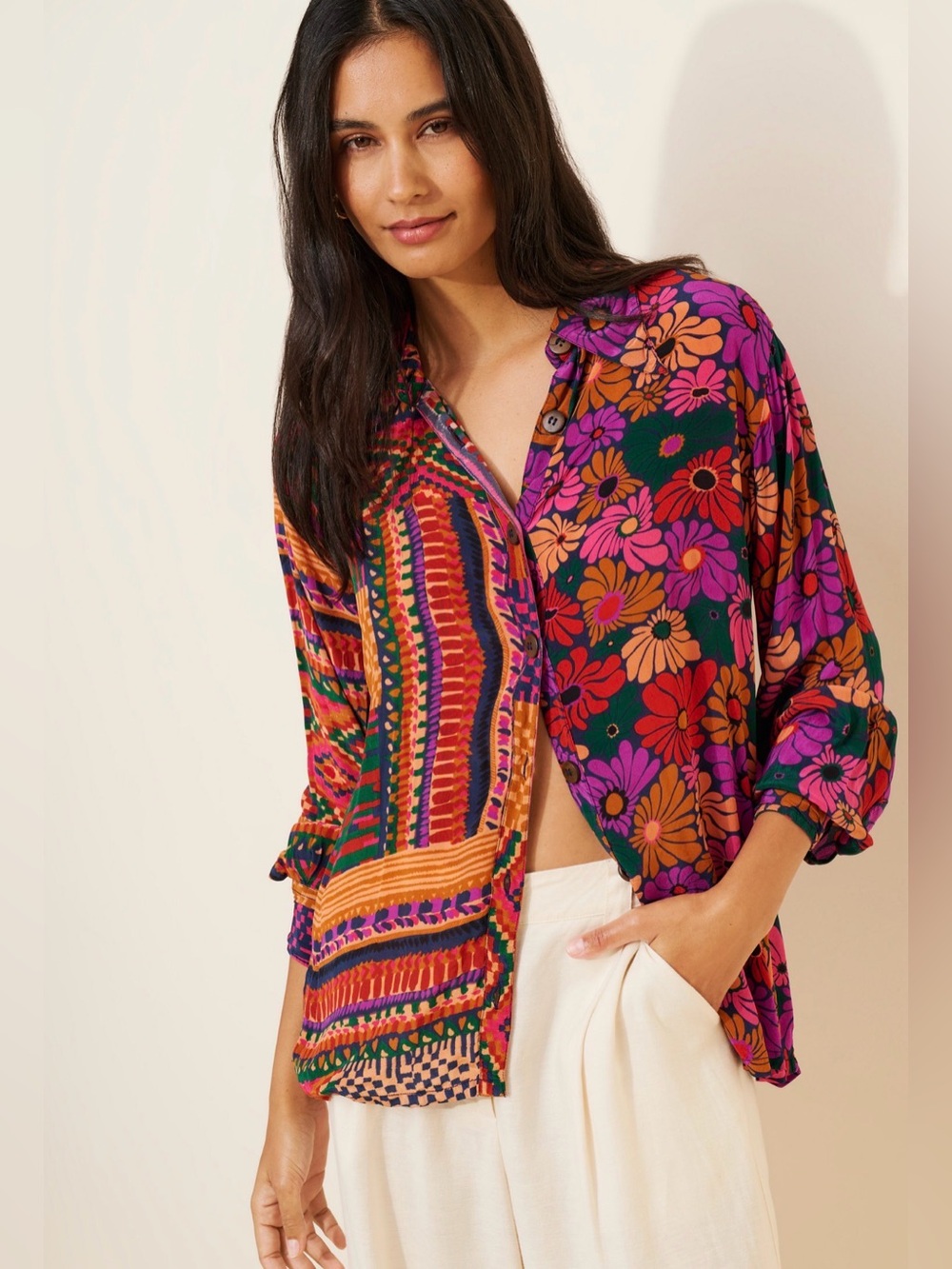 Anthropologie Farm Rio for Anthropologie Mixed Print Patchwork Floral Button-Dow